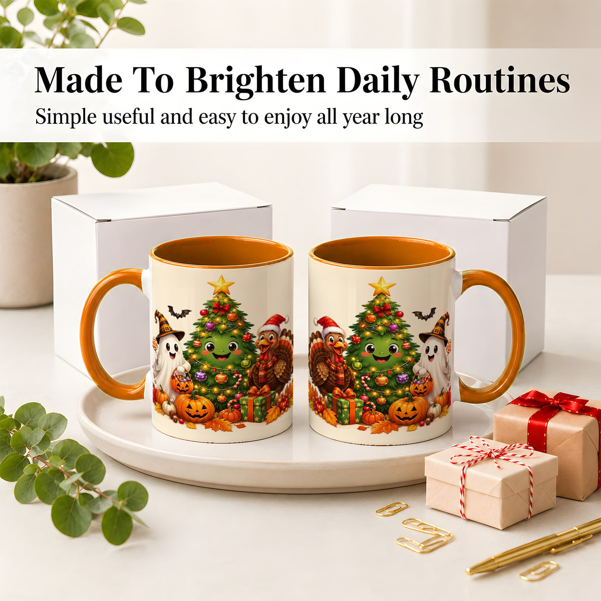 #pl[11oz|Orange] Ghost Turkey Christmas Ceramic Mug, Cute Holiday Seasonal Artwork