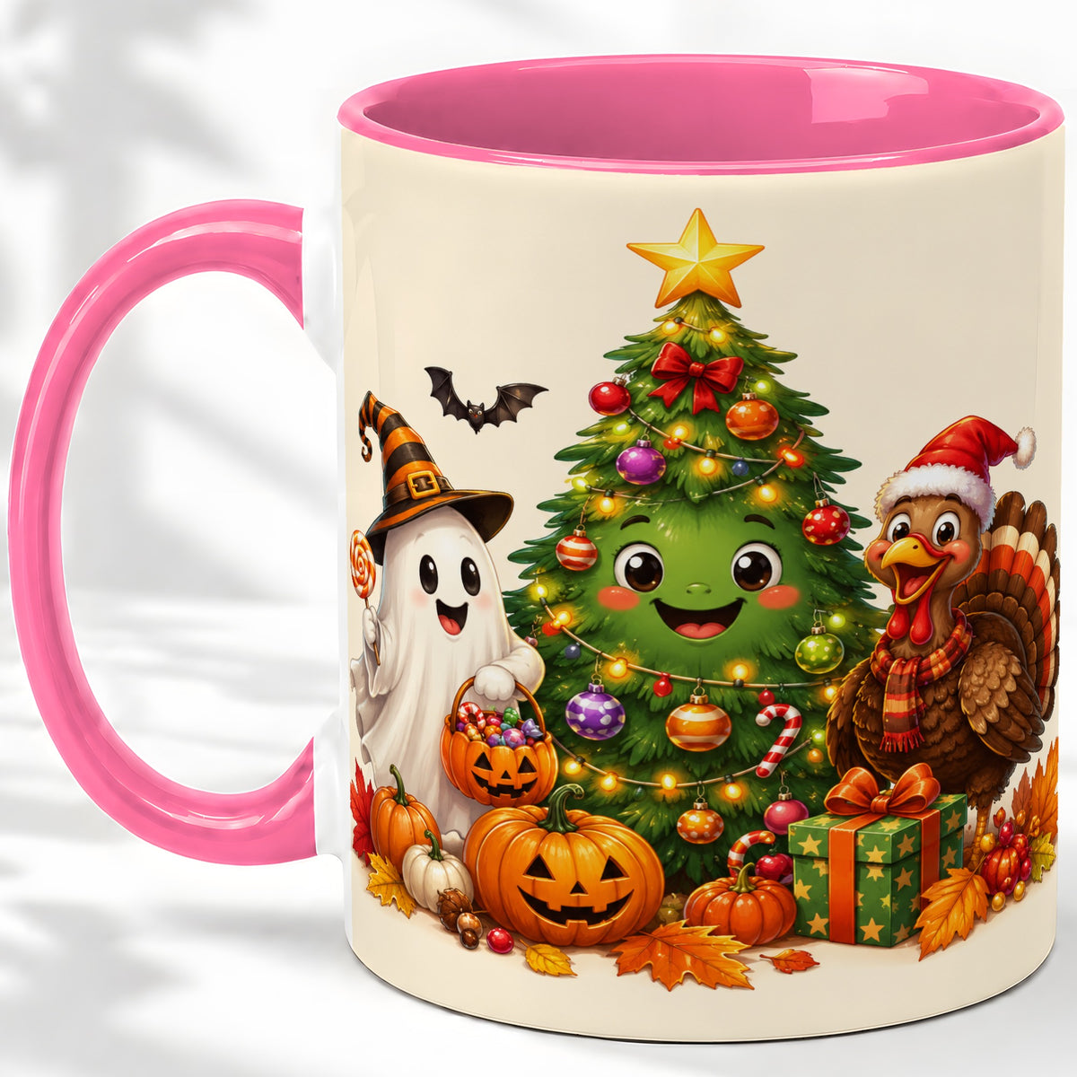 #pl[11oz|Pink] Ghost Turkey Christmas Ceramic Mug, Cute Holiday Seasonal Artwork