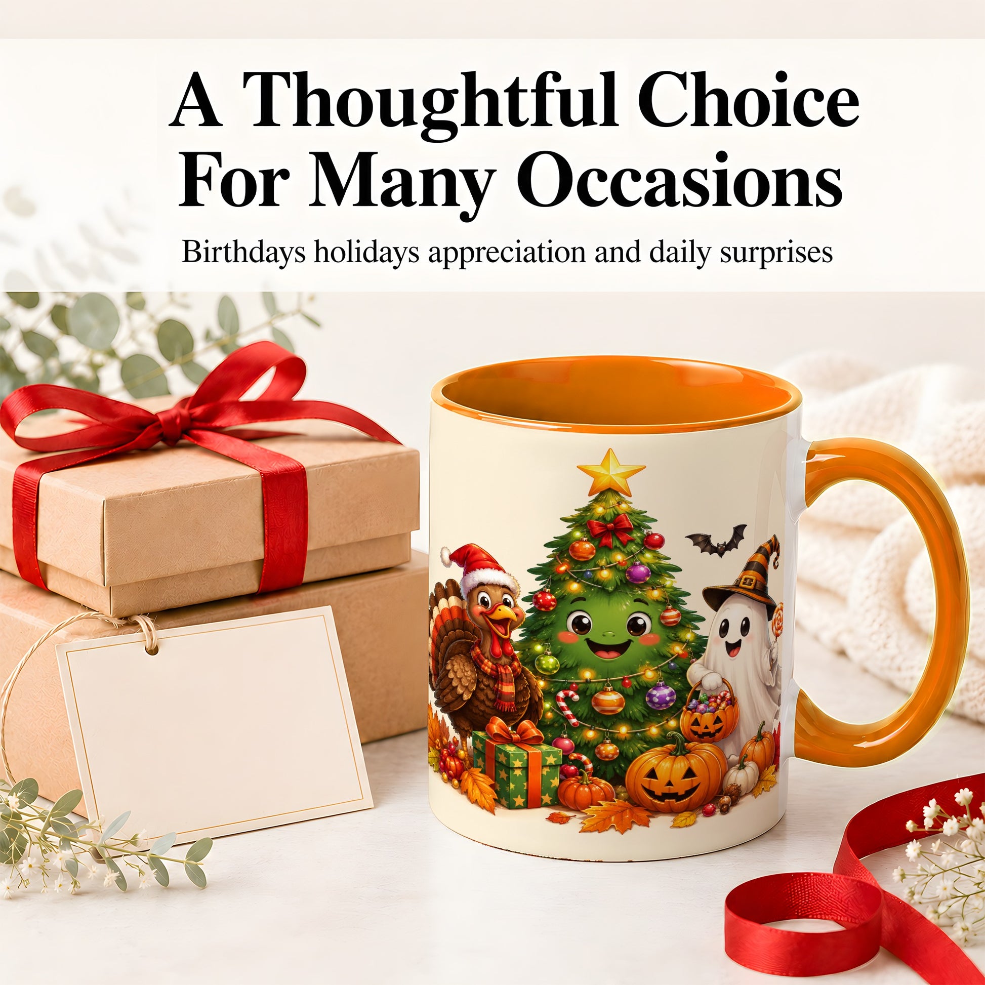 #pl[11oz|Orange] Ghost Turkey Christmas Ceramic Mug, Cute Holiday Seasonal Artwork