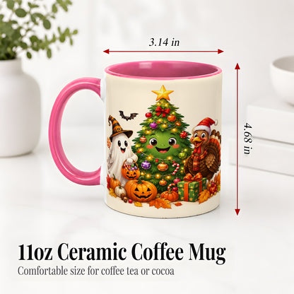 #pl[11oz|Pink] Ghost Turkey Christmas Ceramic Mug, Cute Holiday Seasonal Artwork
