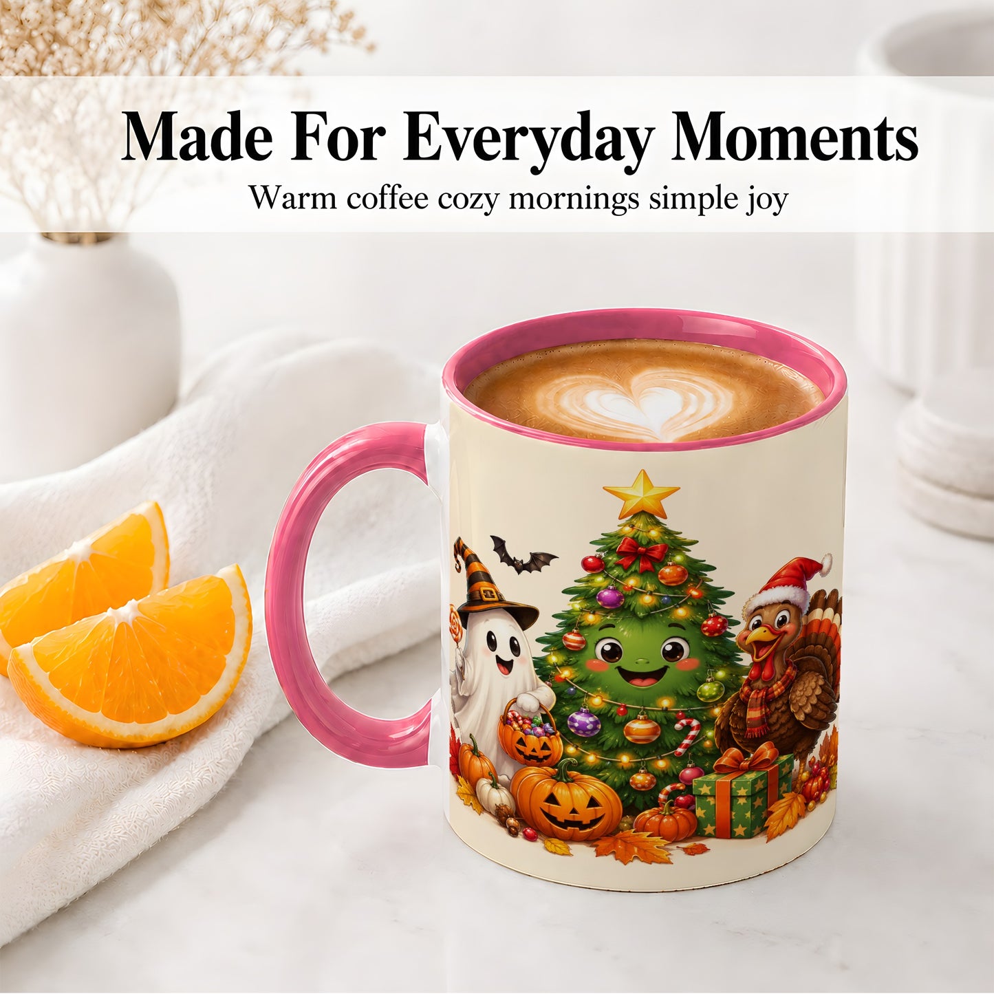 #pl[11oz|Pink] Ghost Turkey Christmas Ceramic Mug, Cute Holiday Seasonal Artwork