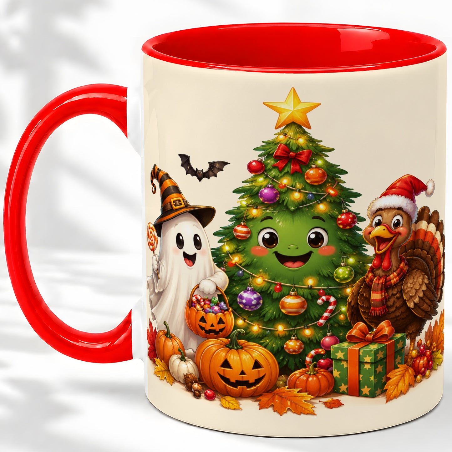 Ghost Turkey Christmas Ceramic Mug, Cute Holiday Seasonal Artwork