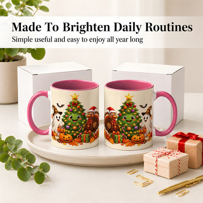 #pl[11oz|Pink] Ghost Turkey Christmas Ceramic Mug, Cute Holiday Seasonal Artwork