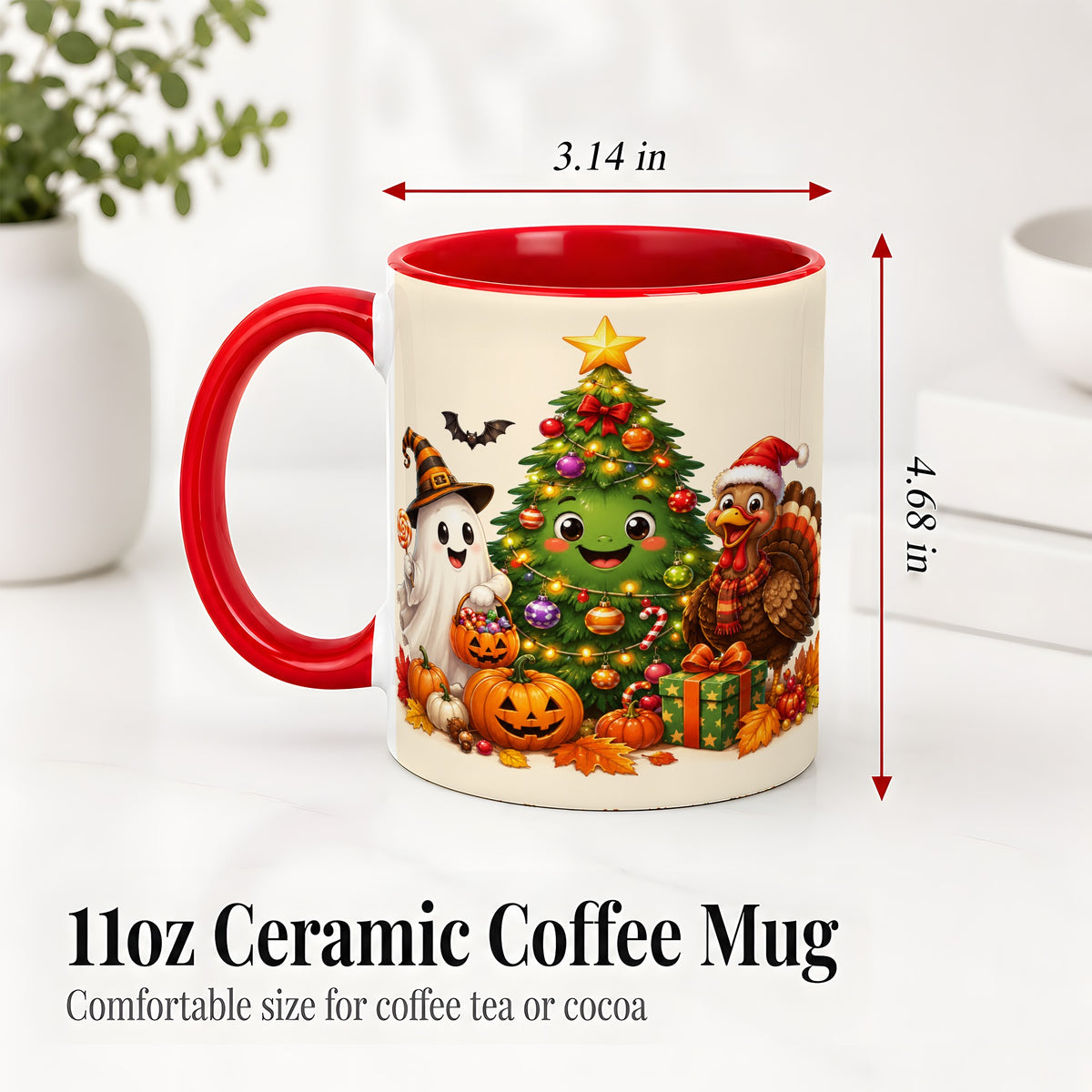 #pl[11oz|Red] Ghost Turkey Christmas Ceramic Mug, Cute Holiday Seasonal Artwork