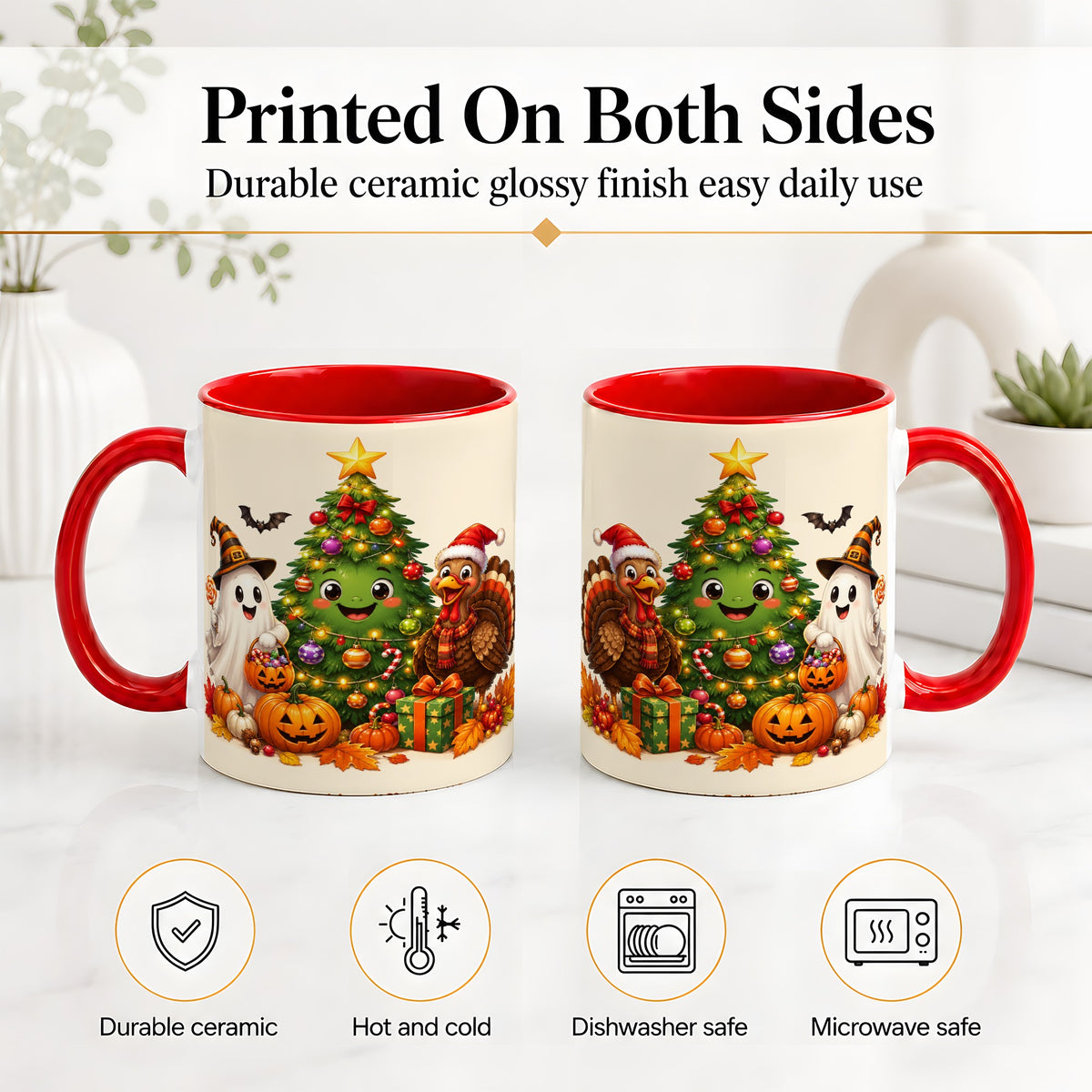 #pl[11oz|Red] Ghost Turkey Christmas Ceramic Mug, Cute Holiday Seasonal Artwork
