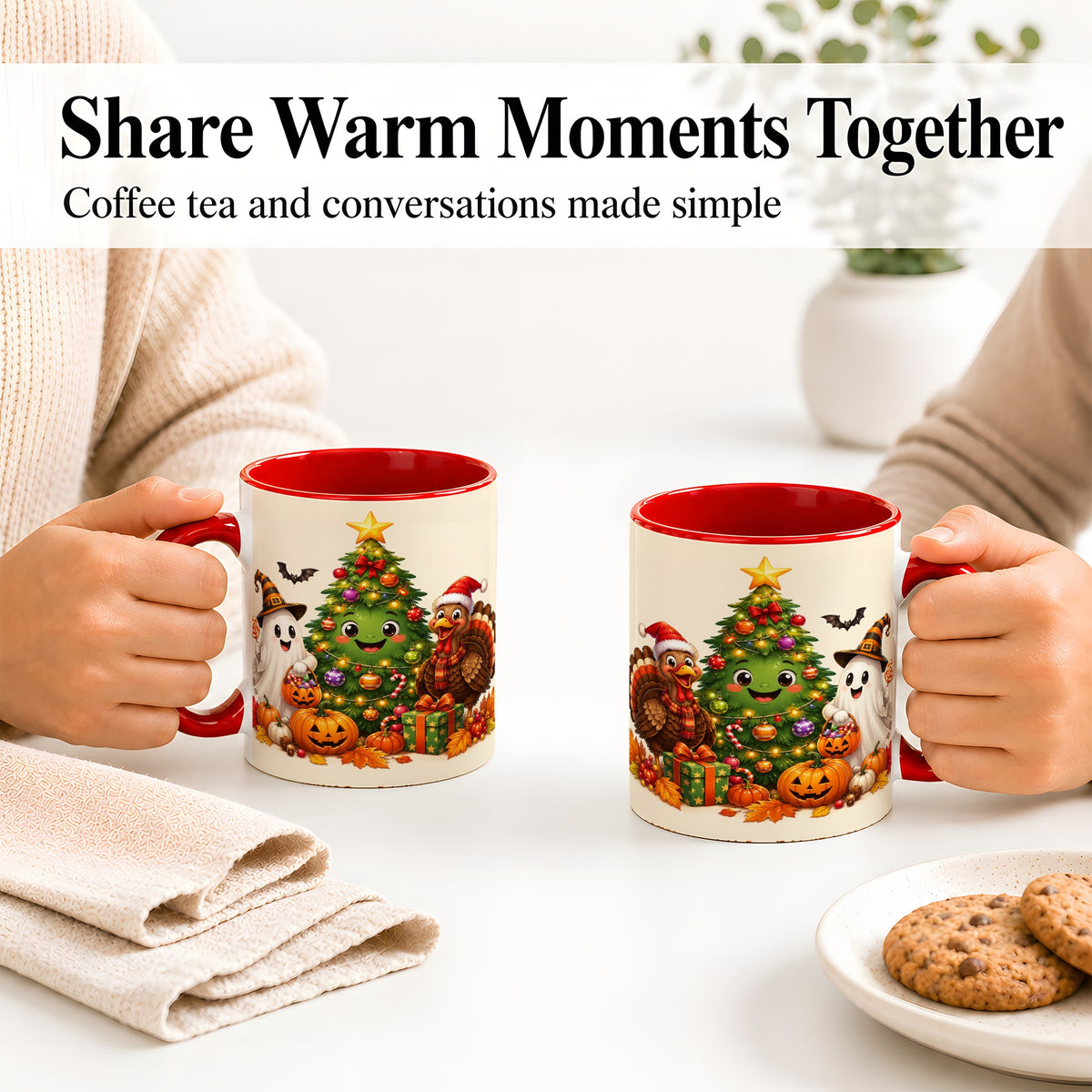#pl[11oz|Red] Ghost Turkey Christmas Ceramic Mug, Cute Holiday Seasonal Artwork