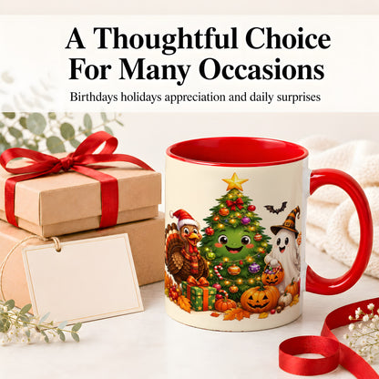 #pl[11oz|Red] Ghost Turkey Christmas Ceramic Mug, Cute Holiday Seasonal Artwork