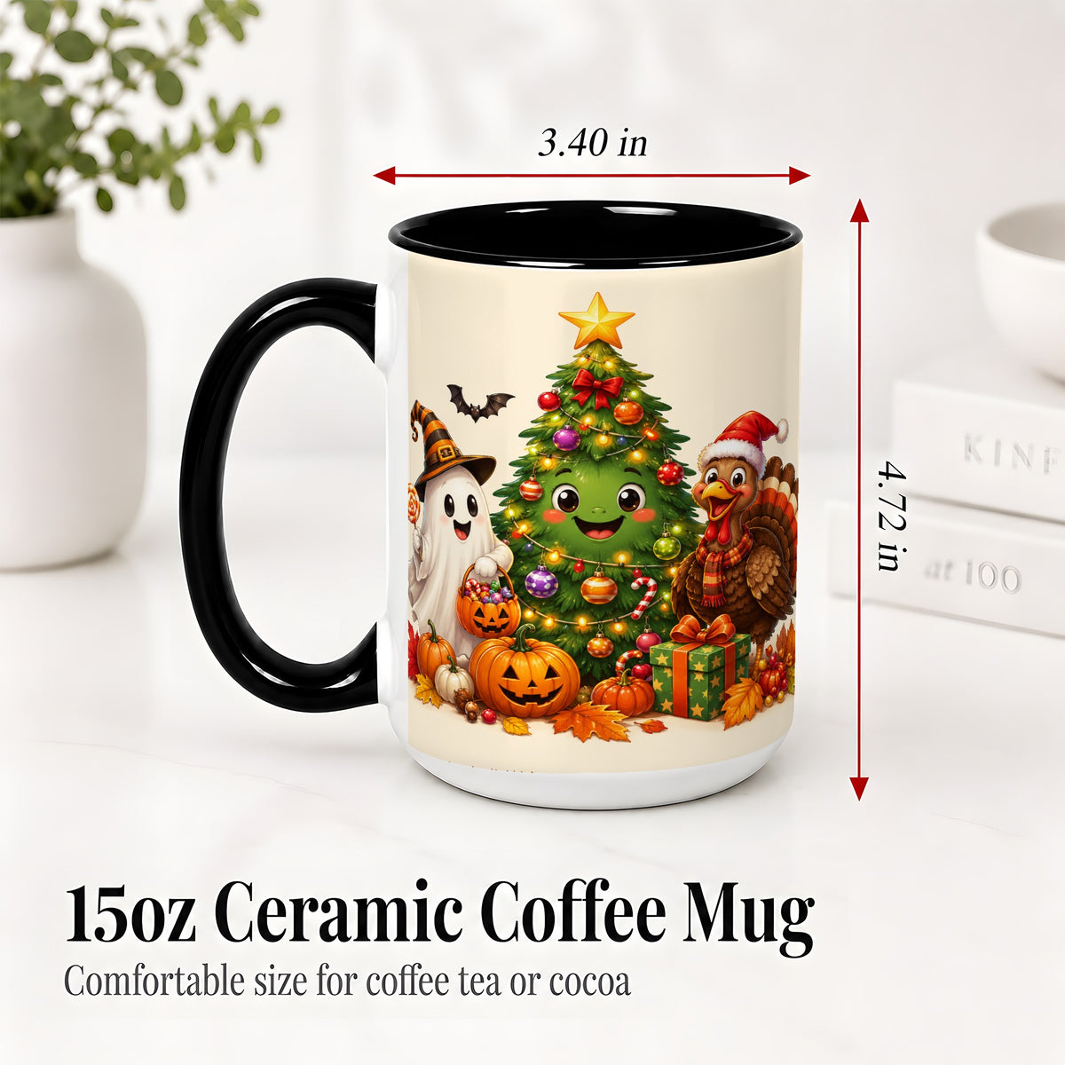 #pl[15oz|Black] Ghost Turkey Christmas Ceramic Mug, Cute Holiday Seasonal Artwork