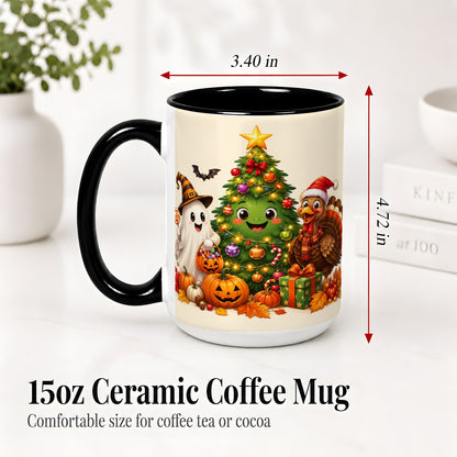 #pl[15oz|Black] Ghost Turkey Christmas Ceramic Mug, Cute Holiday Seasonal Artwork