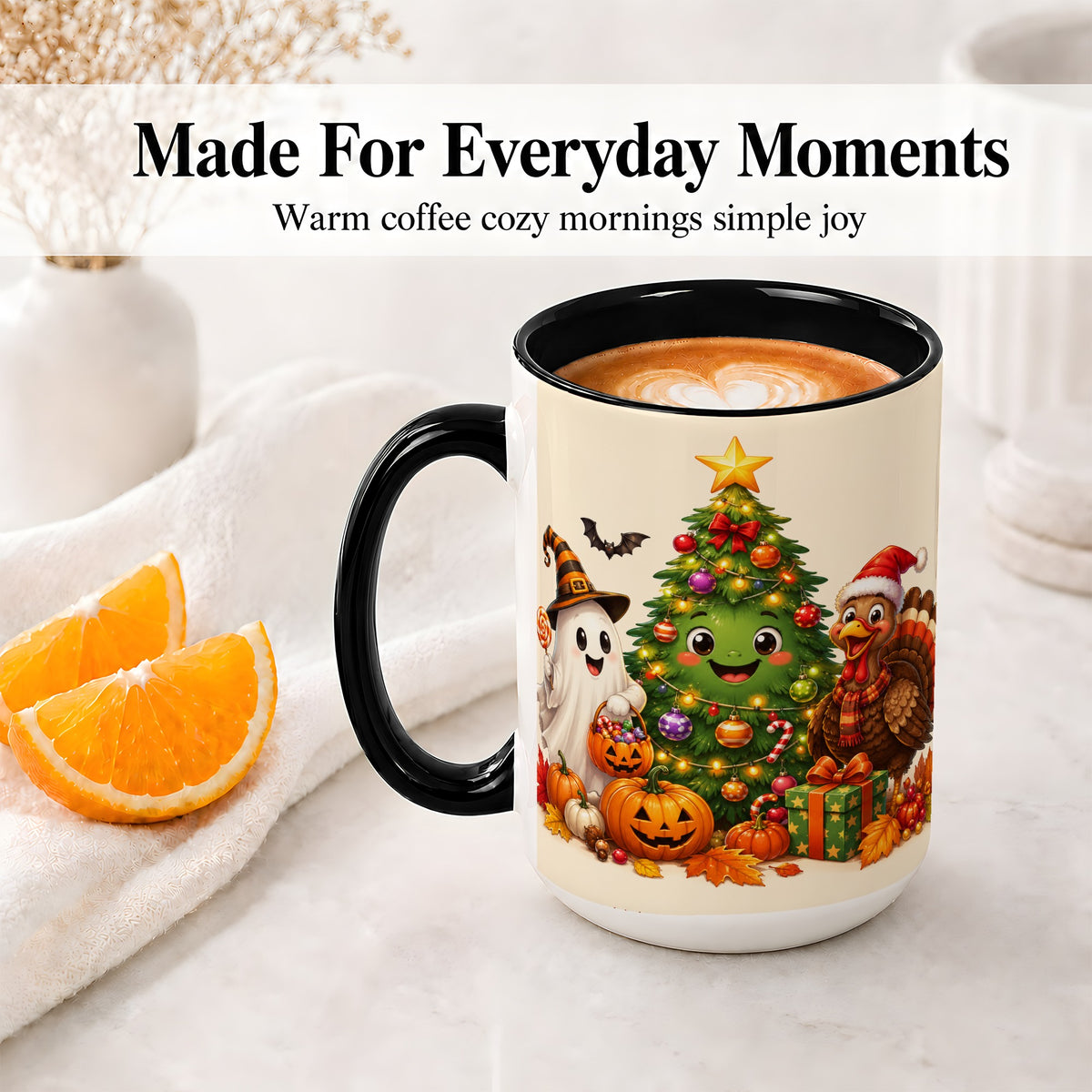 #pl[15oz|Black] Ghost Turkey Christmas Ceramic Mug, Cute Holiday Seasonal Artwork
