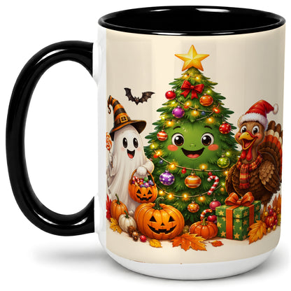 #pl[15oz|Black] Ghost Turkey Christmas Ceramic Mug, Cute Holiday Seasonal Artwork