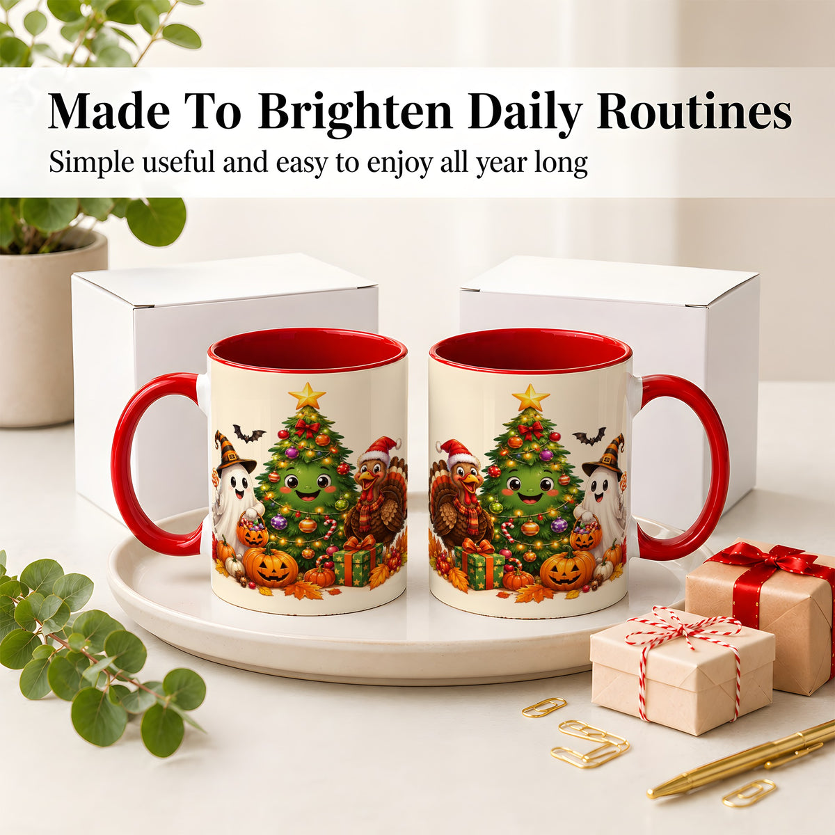 #pl[11oz|Red] Ghost Turkey Christmas Ceramic Mug, Cute Holiday Seasonal Artwork