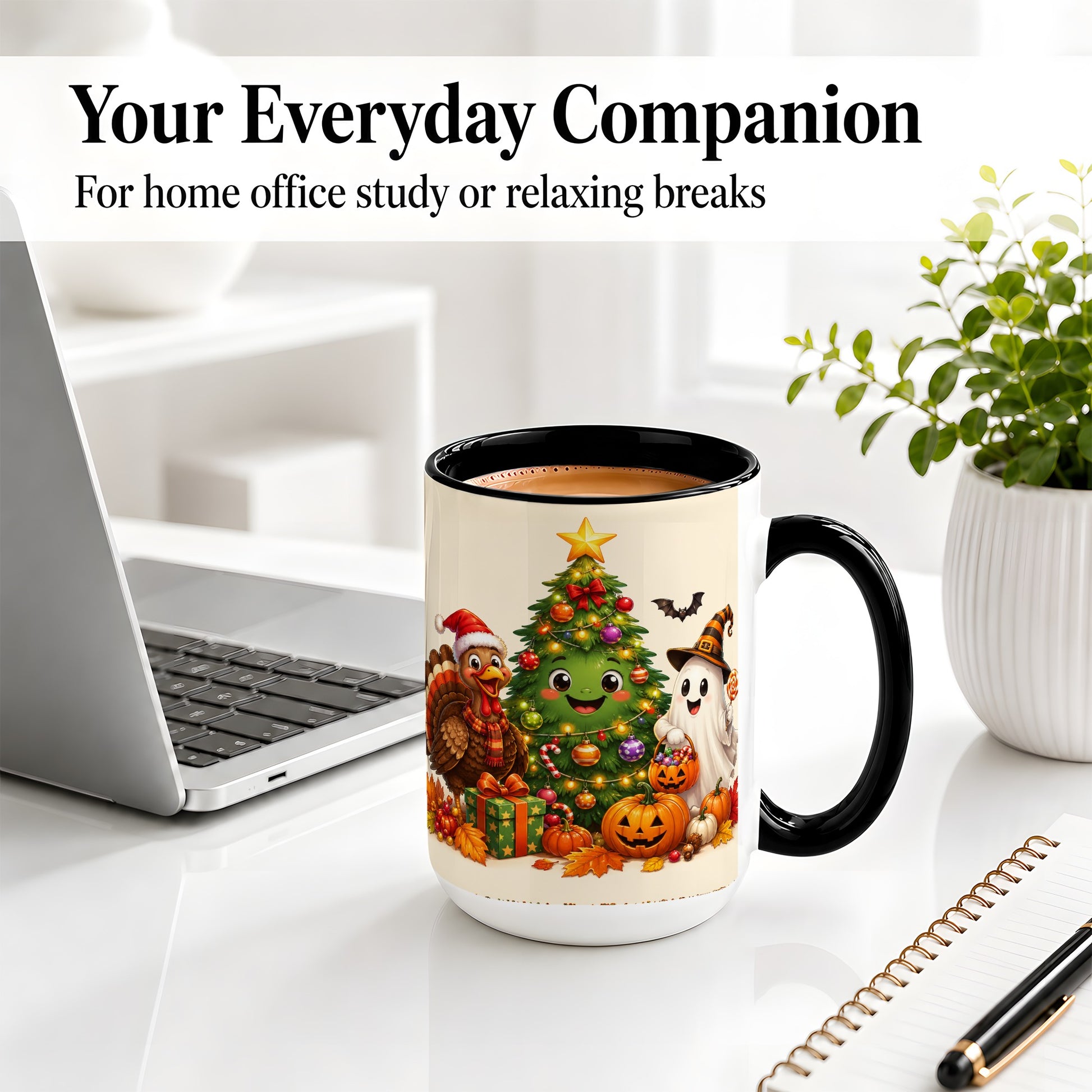 #pl[15oz|Black] Ghost Turkey Christmas Ceramic Mug, Cute Holiday Seasonal Artwork