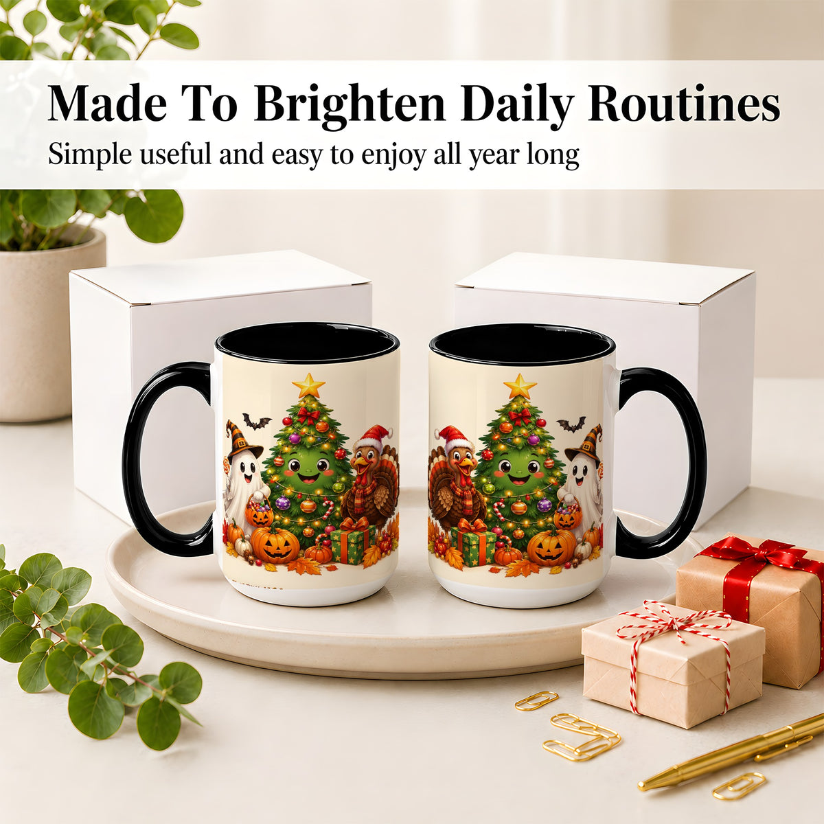 #pl[15oz|Black] Ghost Turkey Christmas Ceramic Mug, Cute Holiday Seasonal Artwork