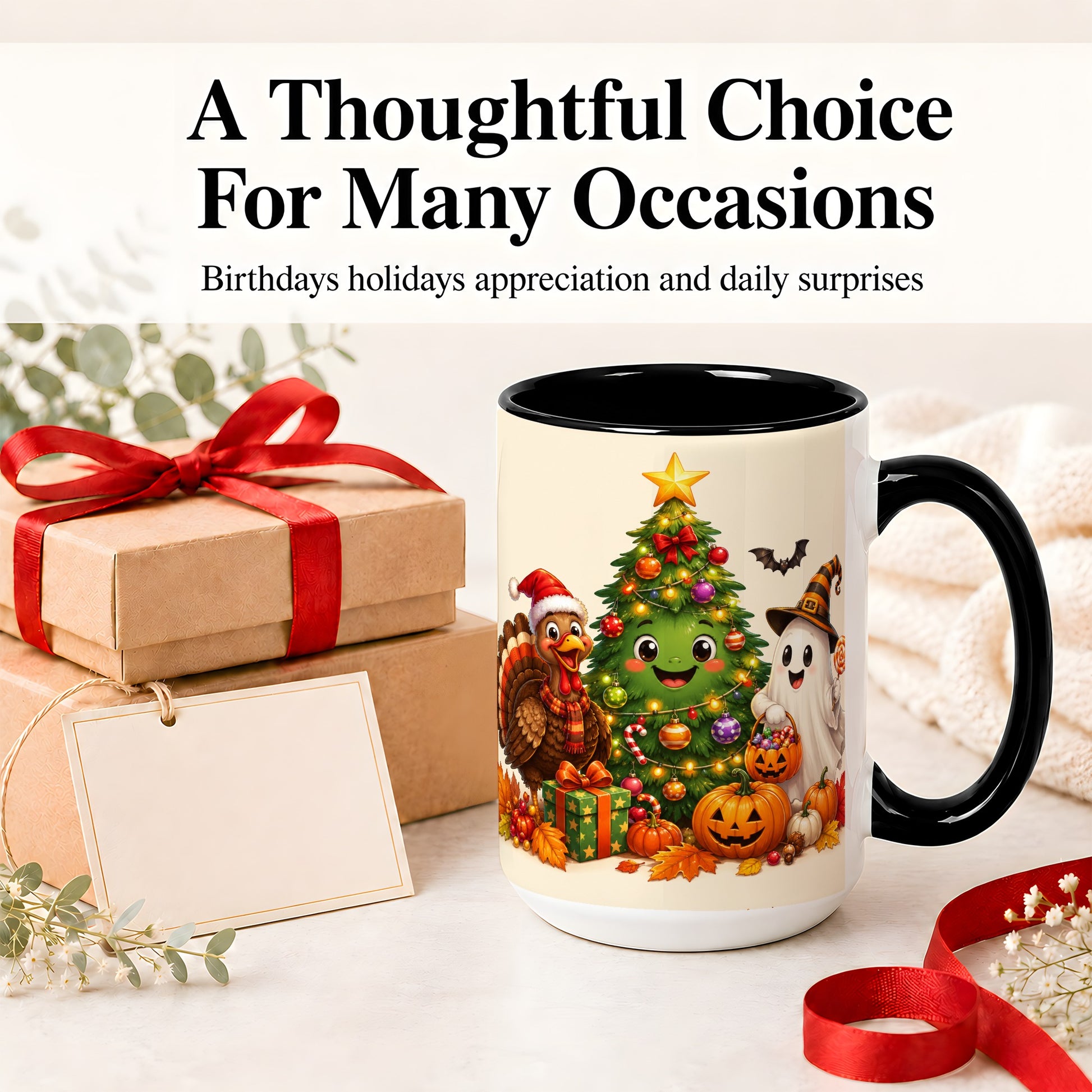 #pl[15oz|Black] Ghost Turkey Christmas Ceramic Mug, Cute Holiday Seasonal Artwork