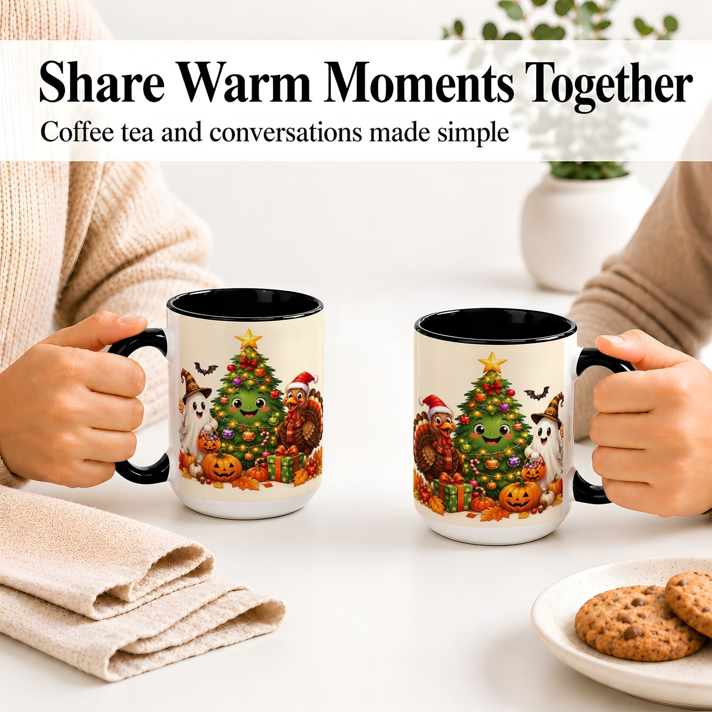 #pl[15oz|Black] Ghost Turkey Christmas Ceramic Mug, Cute Holiday Seasonal Artwork