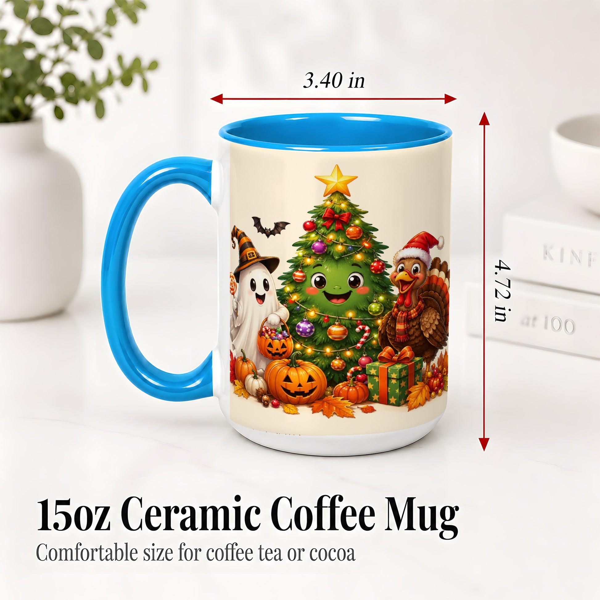 #pl[15oz|Blue] Ghost Turkey Christmas Ceramic Mug, Cute Holiday Seasonal Artwork