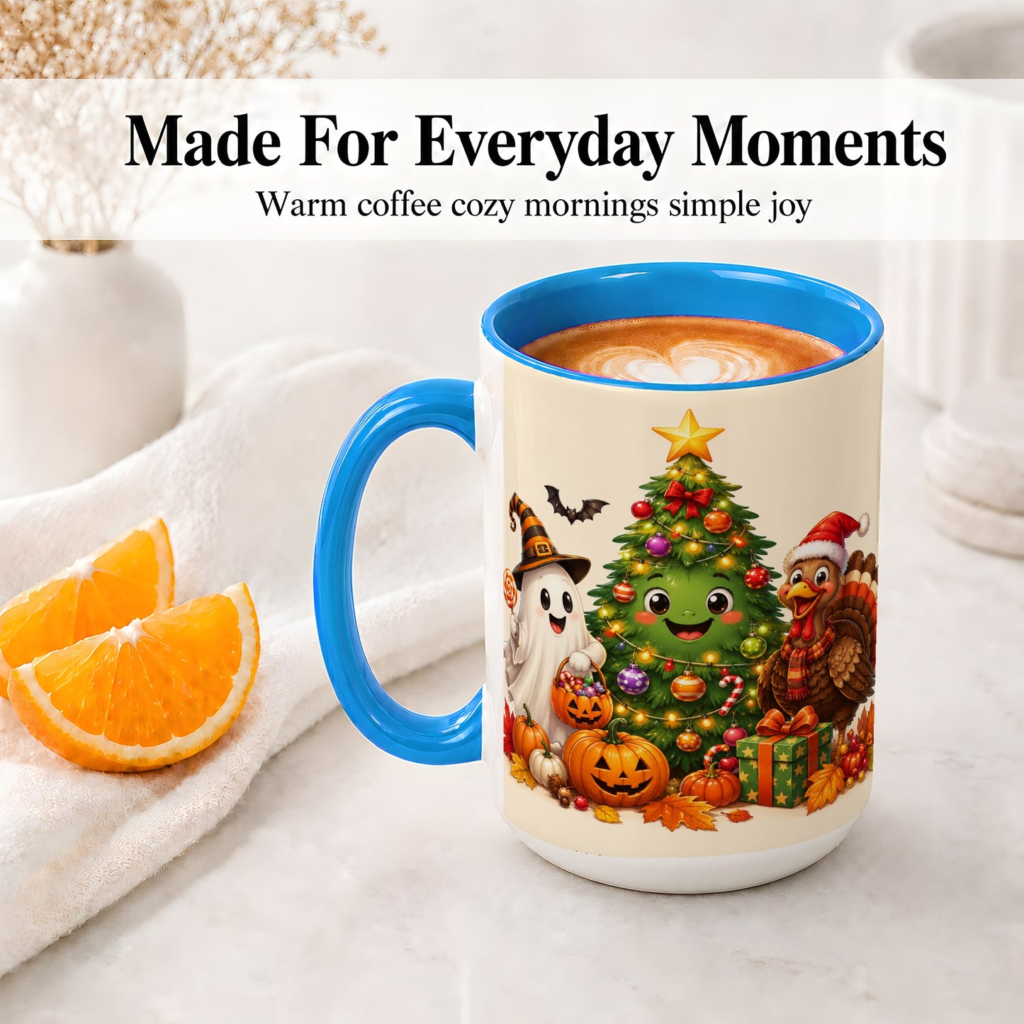 #pl[15oz|Blue] Ghost Turkey Christmas Ceramic Mug, Cute Holiday Seasonal Artwork