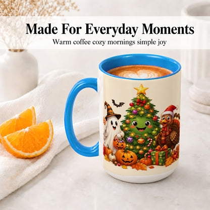 #pl[15oz|Blue] Ghost Turkey Christmas Ceramic Mug, Cute Holiday Seasonal Artwork