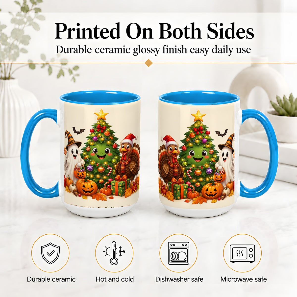 #pl[15oz|Blue] Ghost Turkey Christmas Ceramic Mug, Cute Holiday Seasonal Artwork