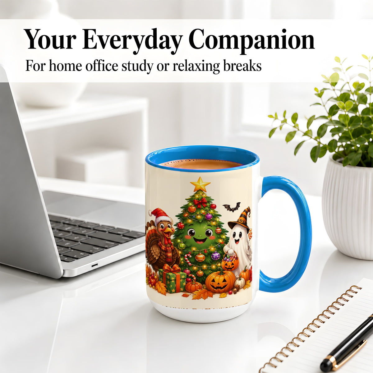 #pl[15oz|Blue] Ghost Turkey Christmas Ceramic Mug, Cute Holiday Seasonal Artwork