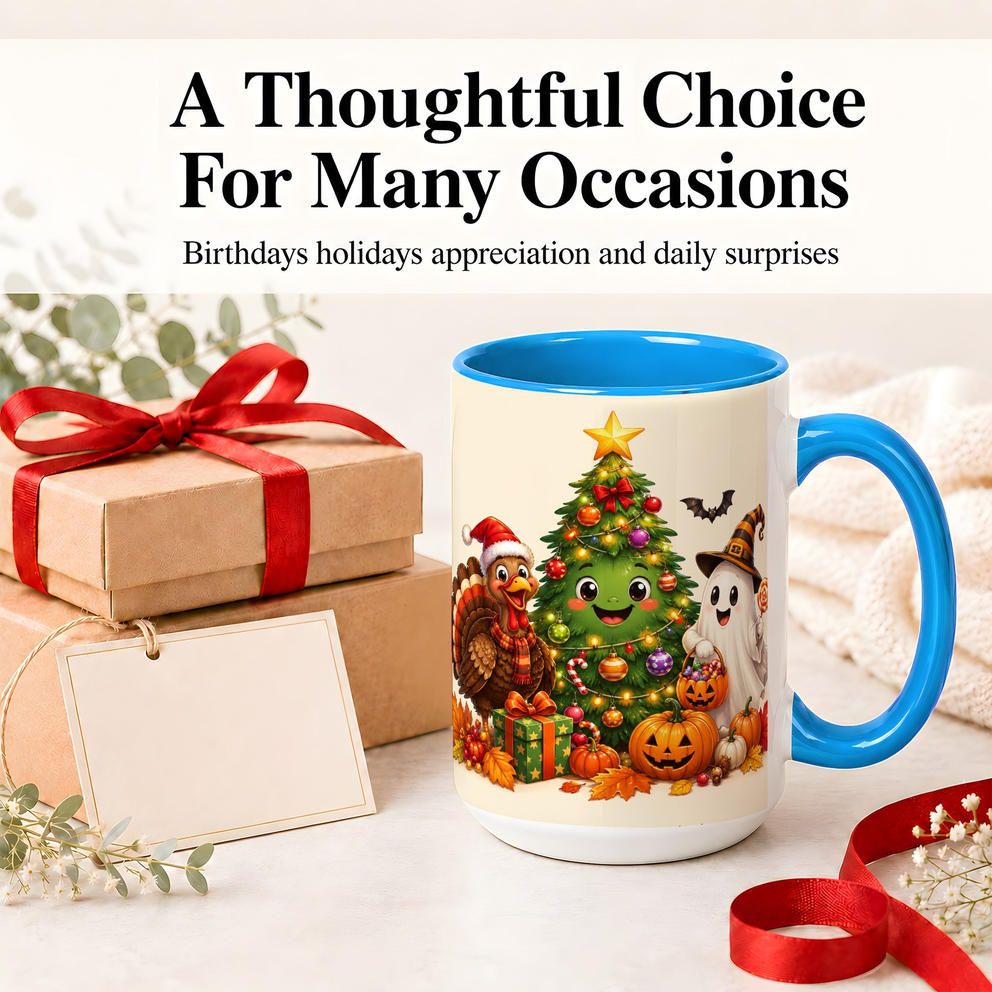 #pl[15oz|Blue] Ghost Turkey Christmas Ceramic Mug, Cute Holiday Seasonal Artwork