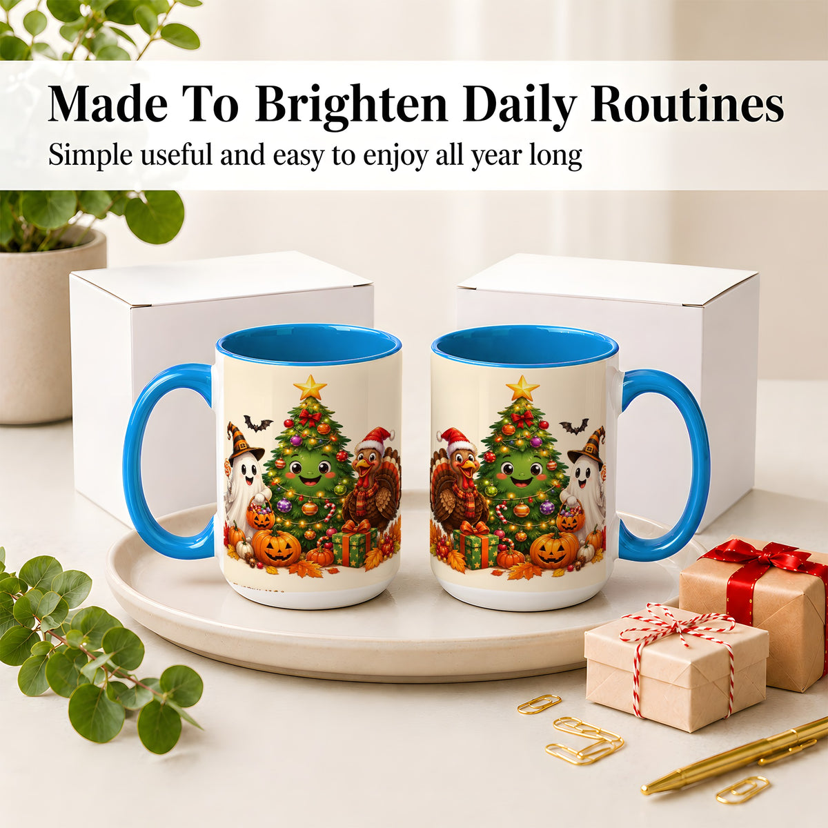 #pl[15oz|Blue] Ghost Turkey Christmas Ceramic Mug, Cute Holiday Seasonal Artwork