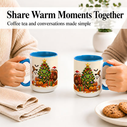 #pl[15oz|Blue] Ghost Turkey Christmas Ceramic Mug, Cute Holiday Seasonal Artwork