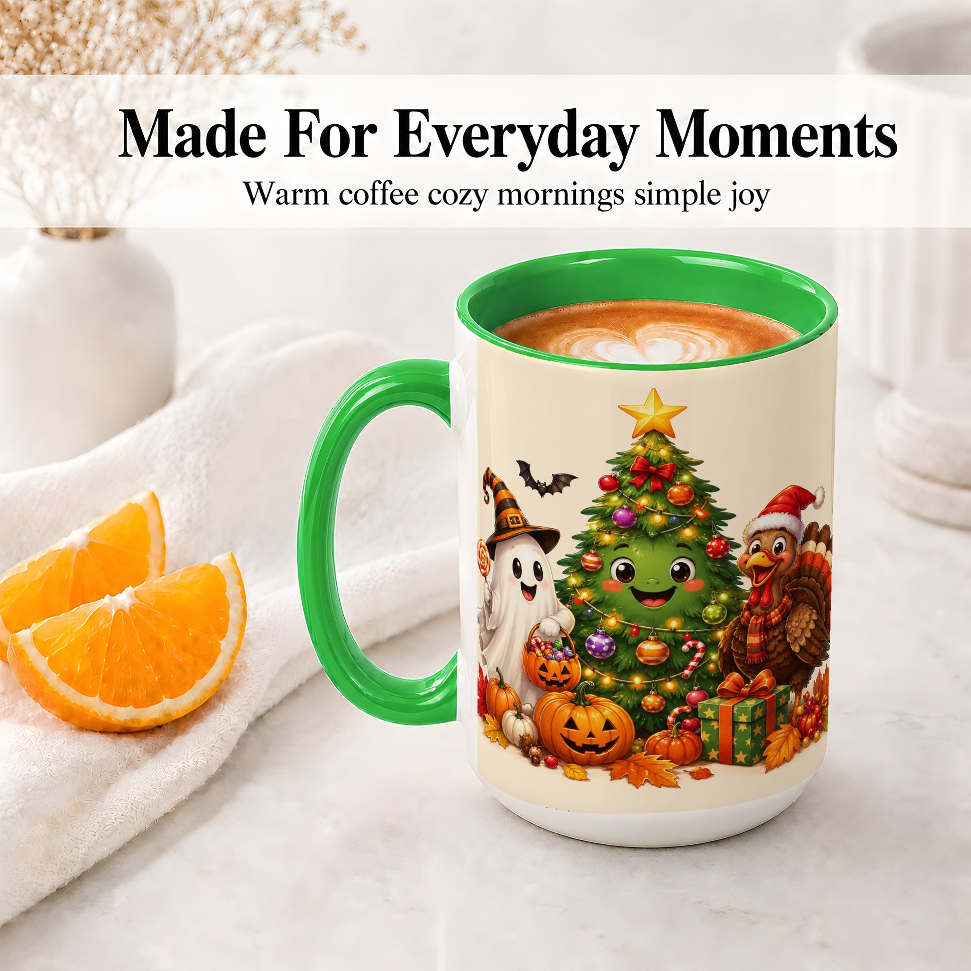 #pl[15oz|Green] Ghost Turkey Christmas Ceramic Mug, Cute Holiday Seasonal Artwork