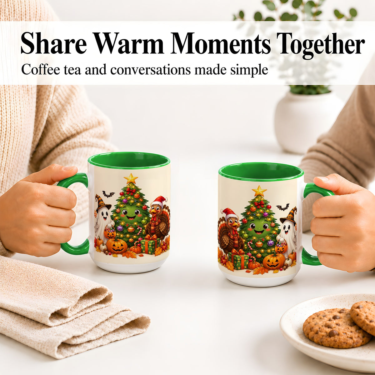 #pl[15oz|Green] Ghost Turkey Christmas Ceramic Mug, Cute Holiday Seasonal Artwork