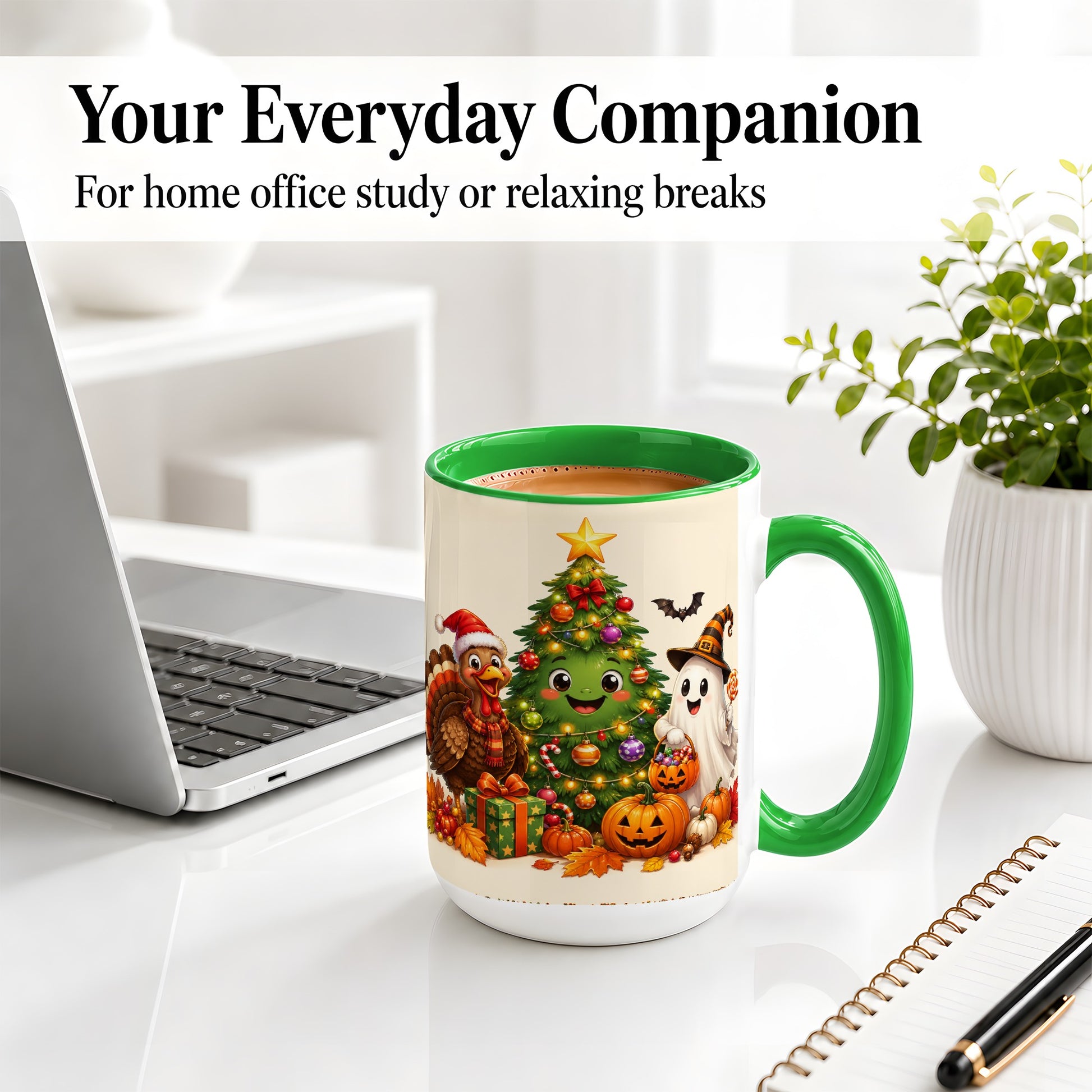 #pl[15oz|Green] Ghost Turkey Christmas Ceramic Mug, Cute Holiday Seasonal Artwork