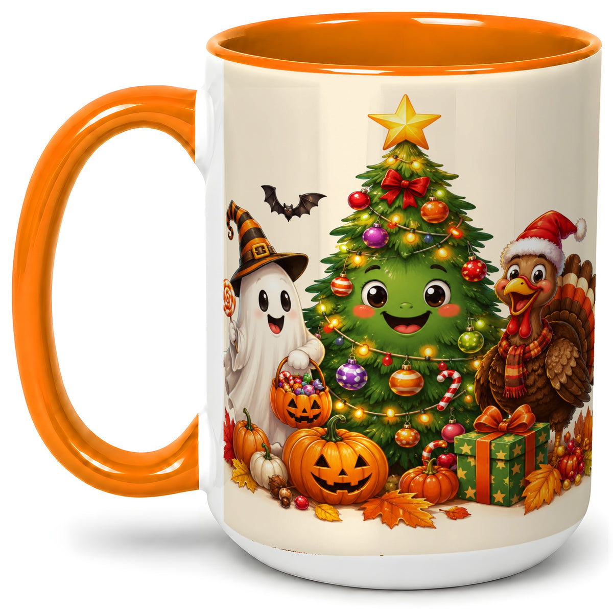 #pl[15oz|Orange] Ghost Turkey Christmas Ceramic Mug, Cute Holiday Seasonal Artwork