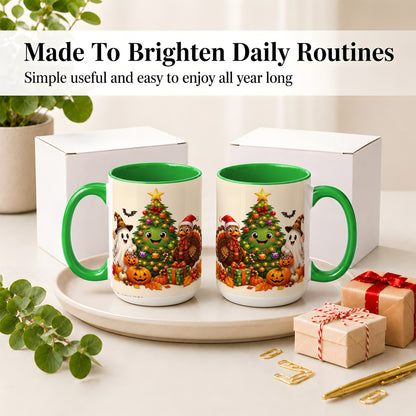 #pl[15oz|Green] Ghost Turkey Christmas Ceramic Mug, Cute Holiday Seasonal Artwork