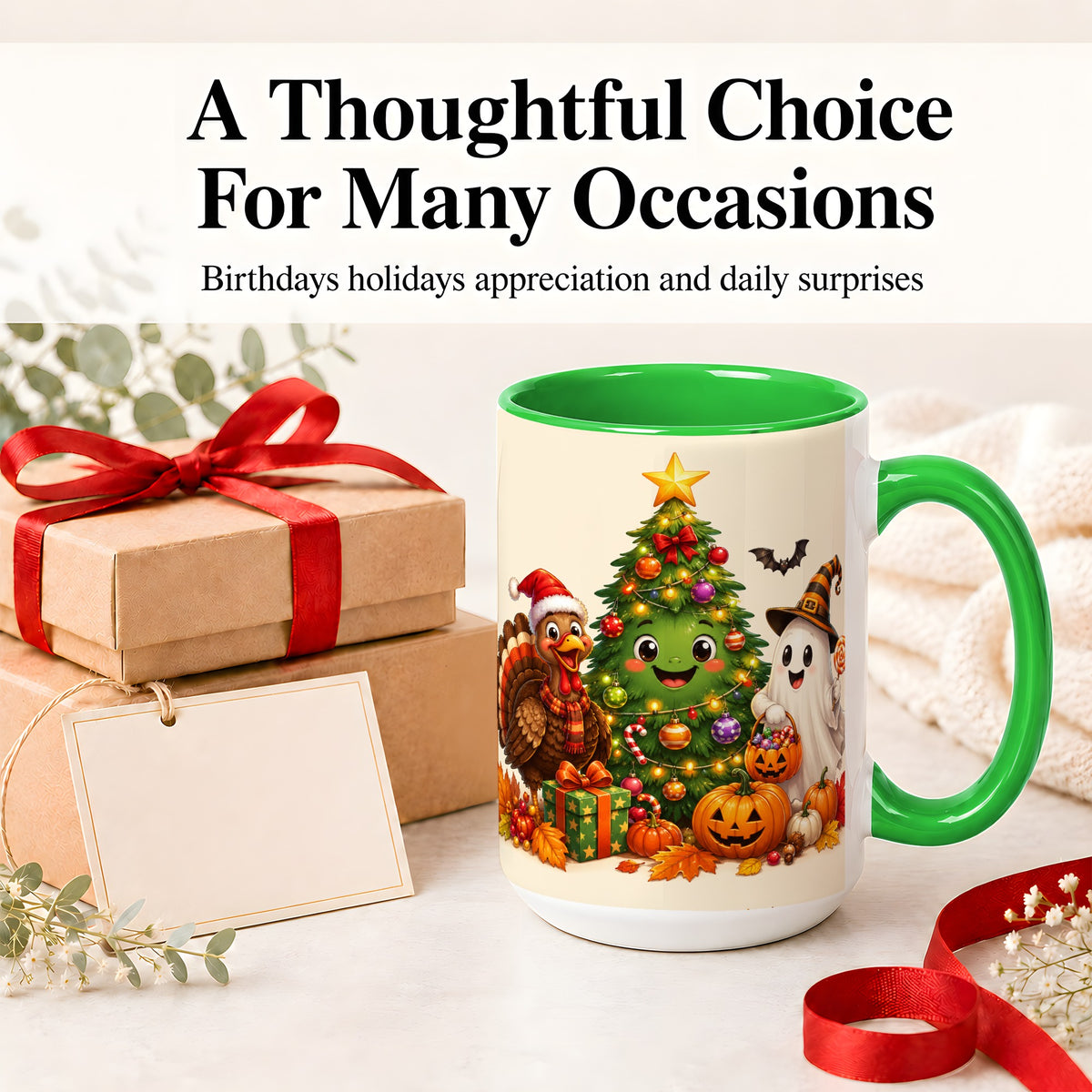 #pl[15oz|Green] Ghost Turkey Christmas Ceramic Mug, Cute Holiday Seasonal Artwork