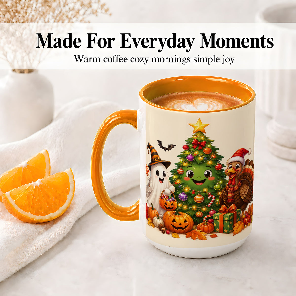 #pl[15oz|Orange] Ghost Turkey Christmas Ceramic Mug, Cute Holiday Seasonal Artwork
