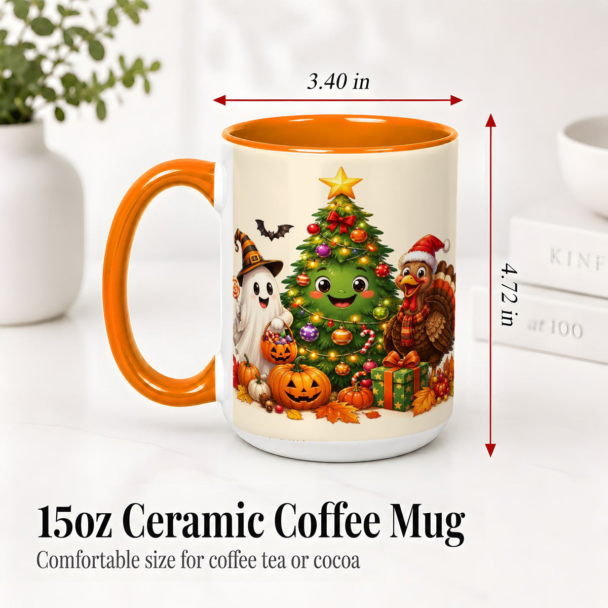 #pl[15oz|Orange] Ghost Turkey Christmas Ceramic Mug, Cute Holiday Seasonal Artwork