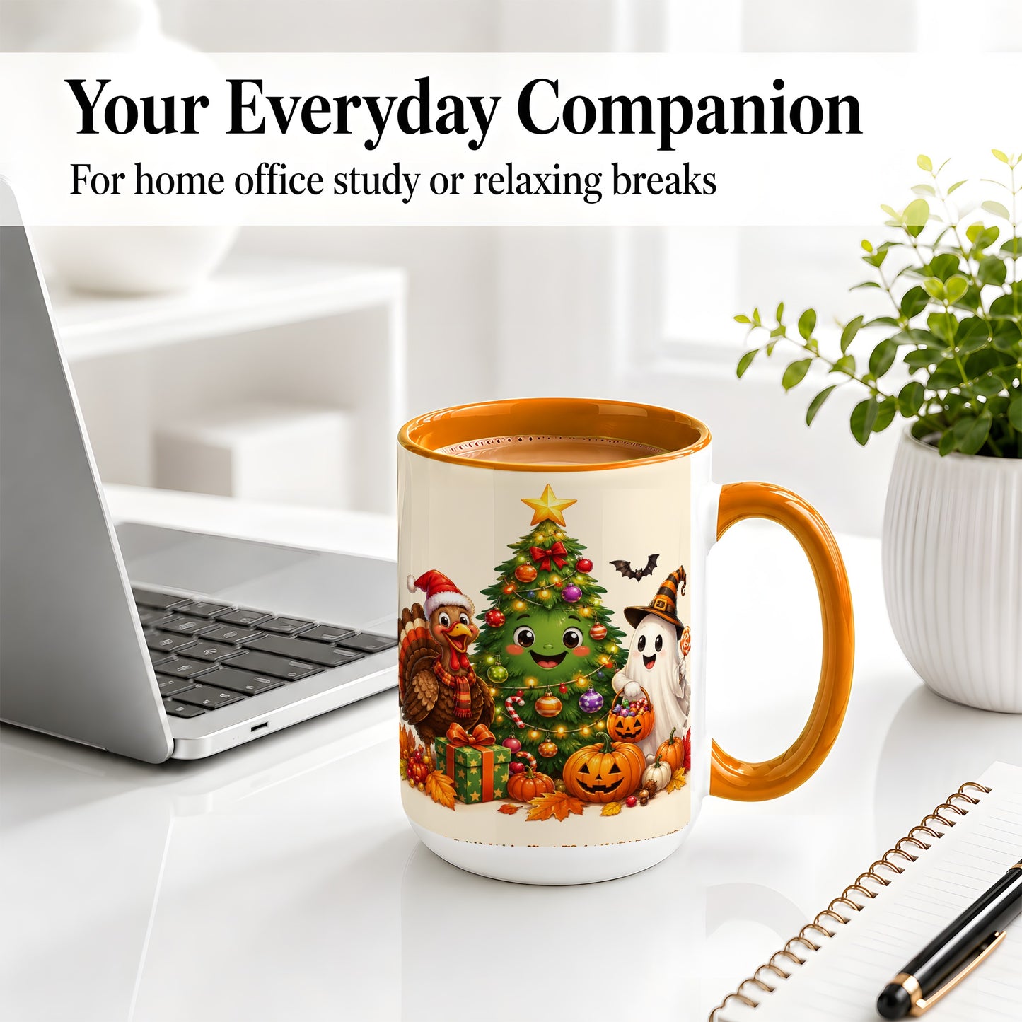 #pl[15oz|Orange] Ghost Turkey Christmas Ceramic Mug, Cute Holiday Seasonal Artwork