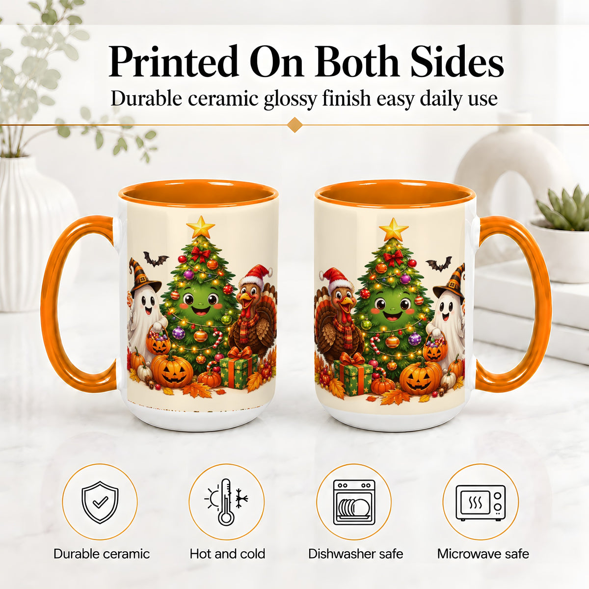 #pl[15oz|Orange] Ghost Turkey Christmas Ceramic Mug, Cute Holiday Seasonal Artwork