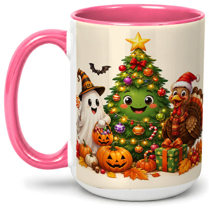#pl[15oz|Pink] Ghost Turkey Christmas Ceramic Mug, Cute Holiday Seasonal Artwork