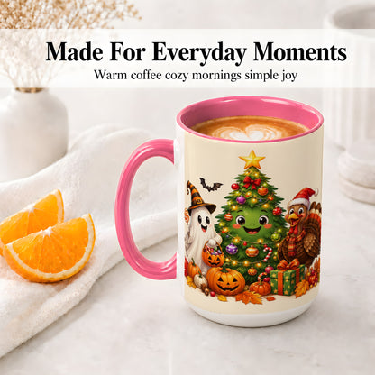 #pl[15oz|Pink] Ghost Turkey Christmas Ceramic Mug, Cute Holiday Seasonal Artwork