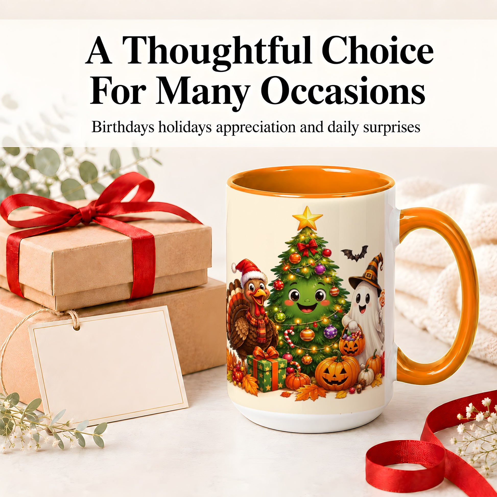#pl[15oz|Orange] Ghost Turkey Christmas Ceramic Mug, Cute Holiday Seasonal Artwork