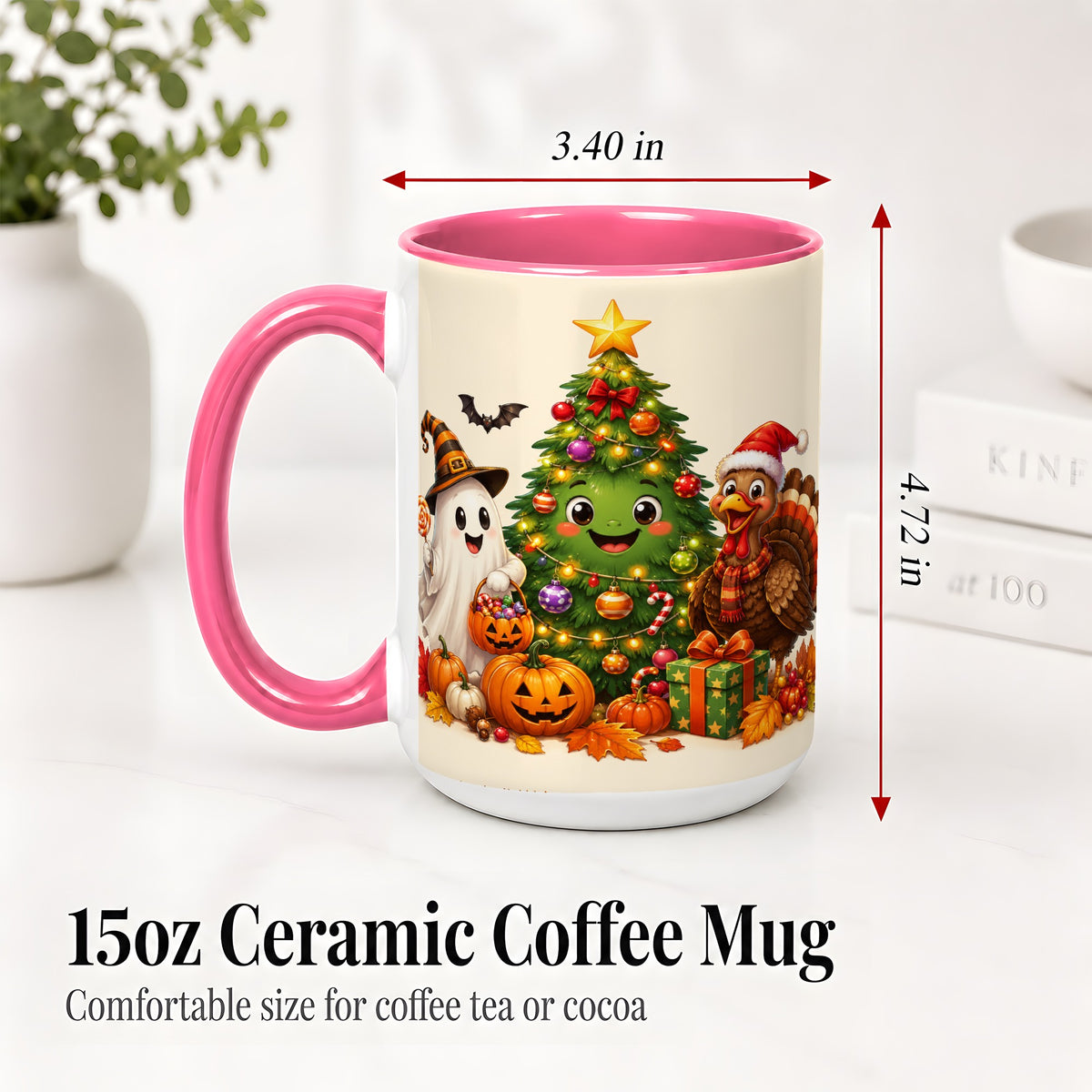 #pl[15oz|Pink] Ghost Turkey Christmas Ceramic Mug, Cute Holiday Seasonal Artwork