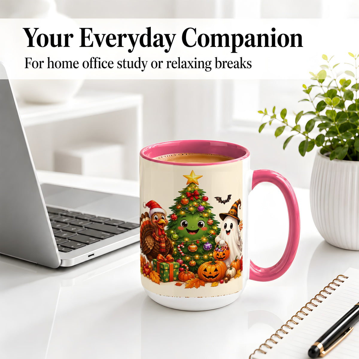 #pl[15oz|Pink] Ghost Turkey Christmas Ceramic Mug, Cute Holiday Seasonal Artwork