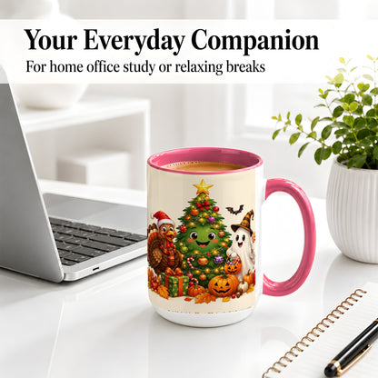 #pl[15oz|Pink] Ghost Turkey Christmas Ceramic Mug, Cute Holiday Seasonal Artwork