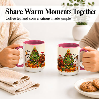 #pl[15oz|Pink] Ghost Turkey Christmas Ceramic Mug, Cute Holiday Seasonal Artwork