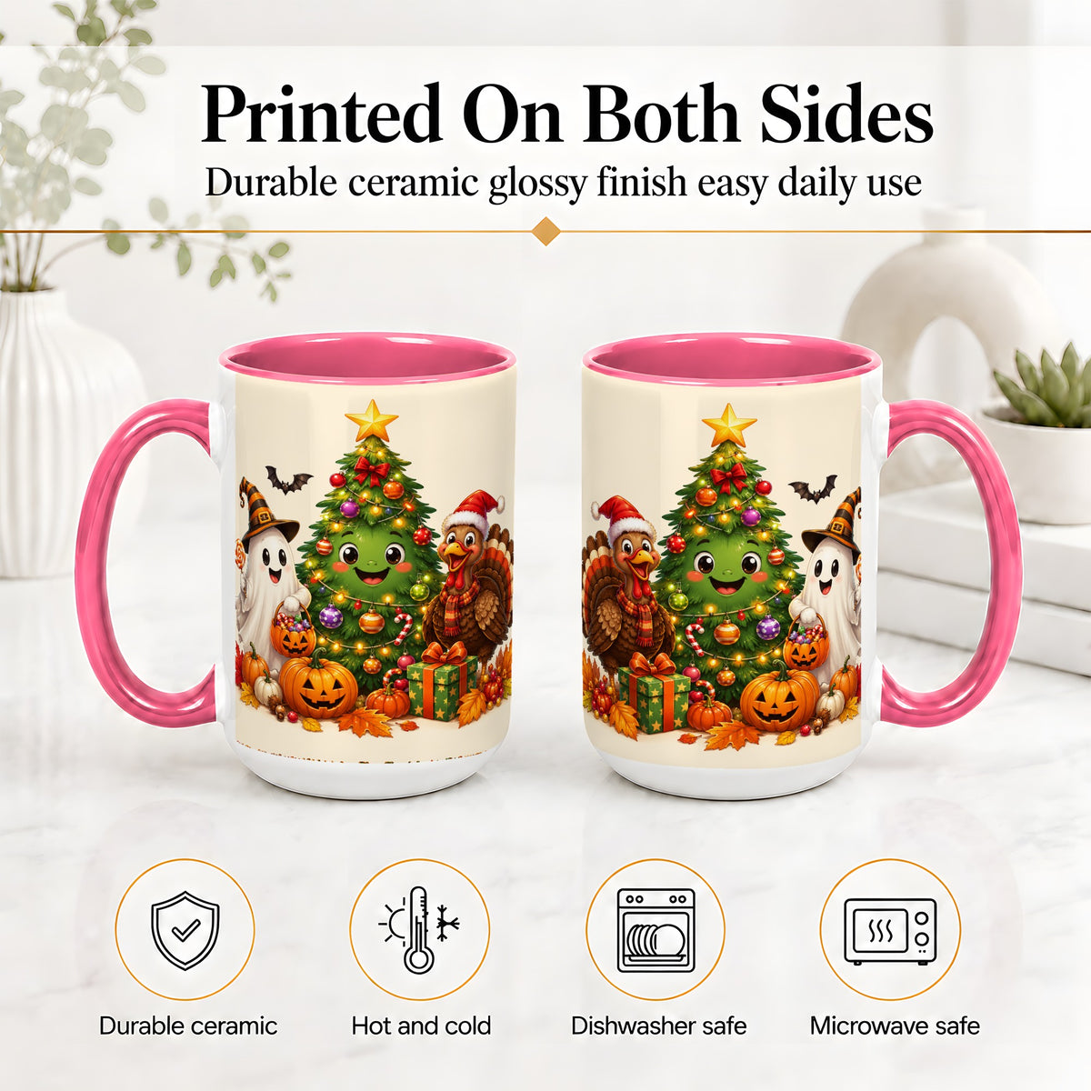 #pl[15oz|Pink] Ghost Turkey Christmas Ceramic Mug, Cute Holiday Seasonal Artwork