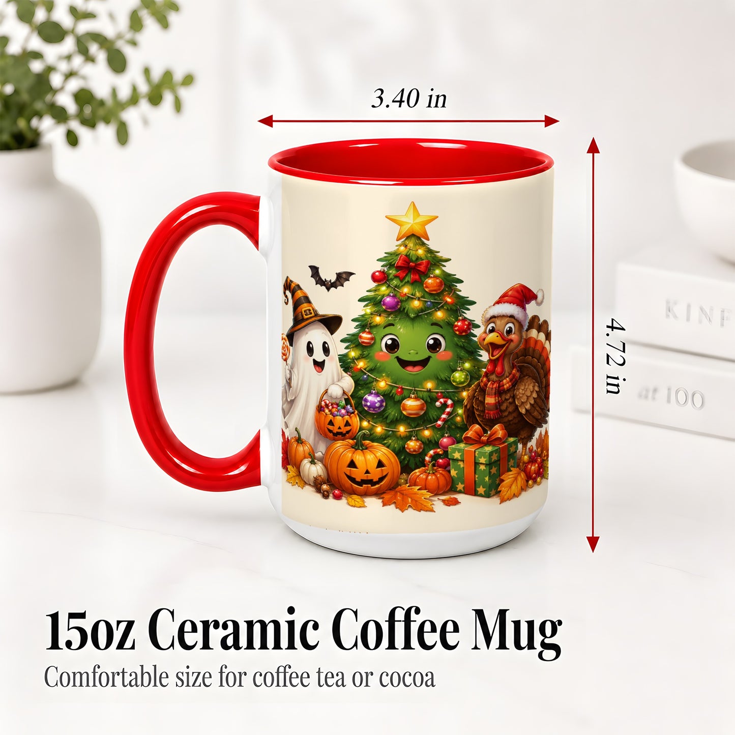 #pl[15oz|Red] Ghost Turkey Christmas Ceramic Mug, Cute Holiday Seasonal Artwork