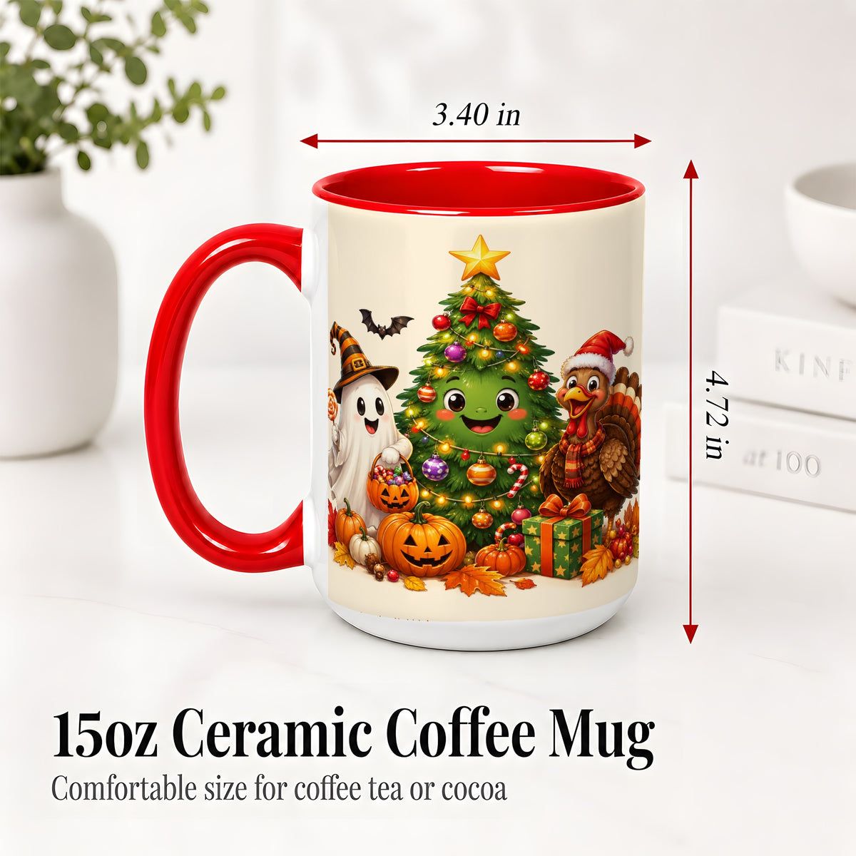 #pl[15oz|Red] Ghost Turkey Christmas Ceramic Mug, Cute Holiday Seasonal Artwork