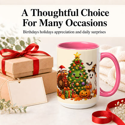 #pl[15oz|Pink] Ghost Turkey Christmas Ceramic Mug, Cute Holiday Seasonal Artwork
