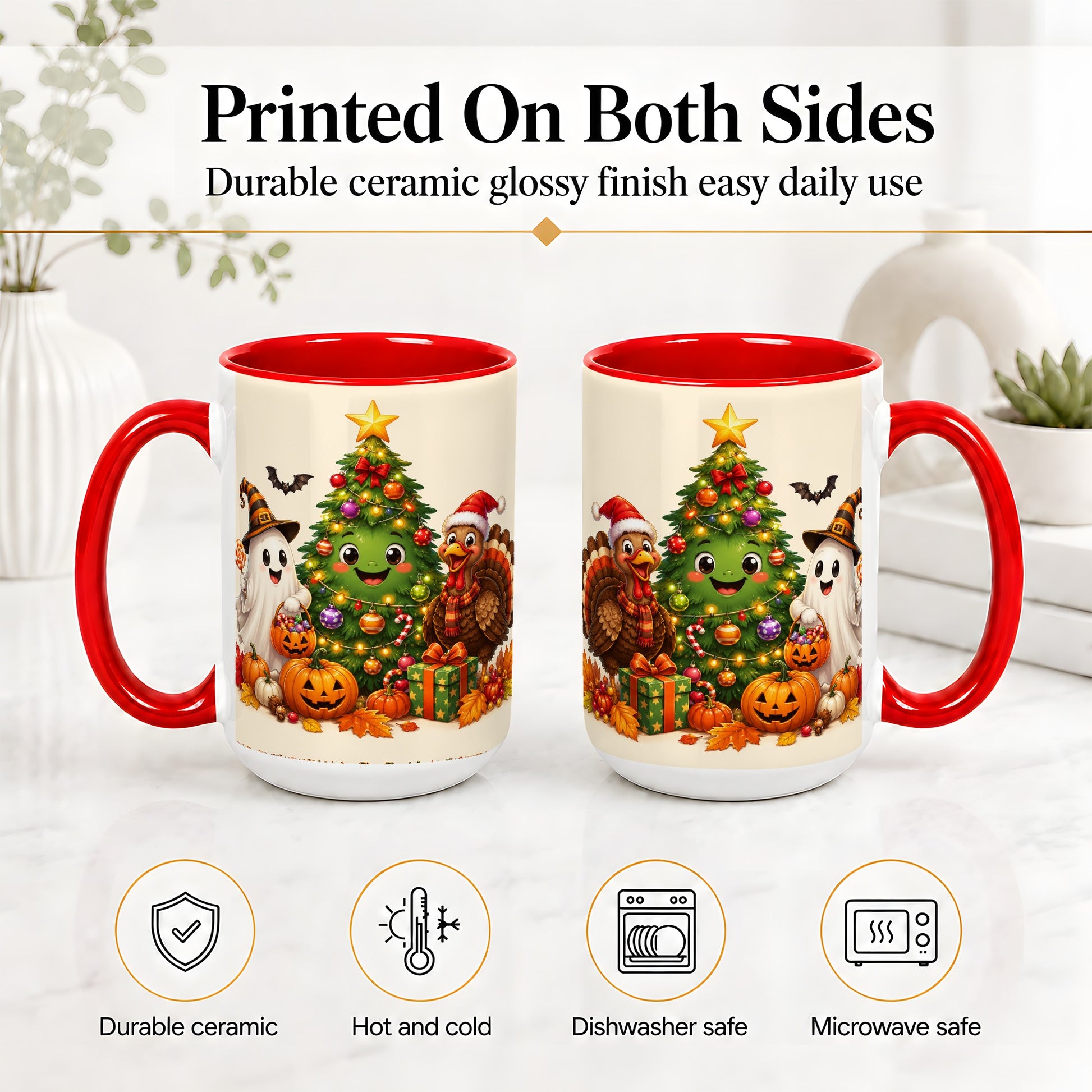#pl[15oz|Red] Ghost Turkey Christmas Ceramic Mug, Cute Holiday Seasonal Artwork